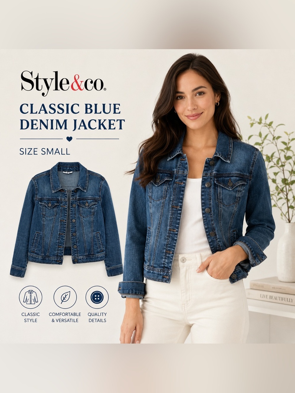 Style & Co. Women’s Classic Blue Denim Jean Jacket Size Small